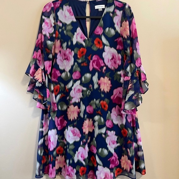calvin klein womens 3/4 sleeve floral print chiffon lined dress size 6‎ - Picture 1 of 9